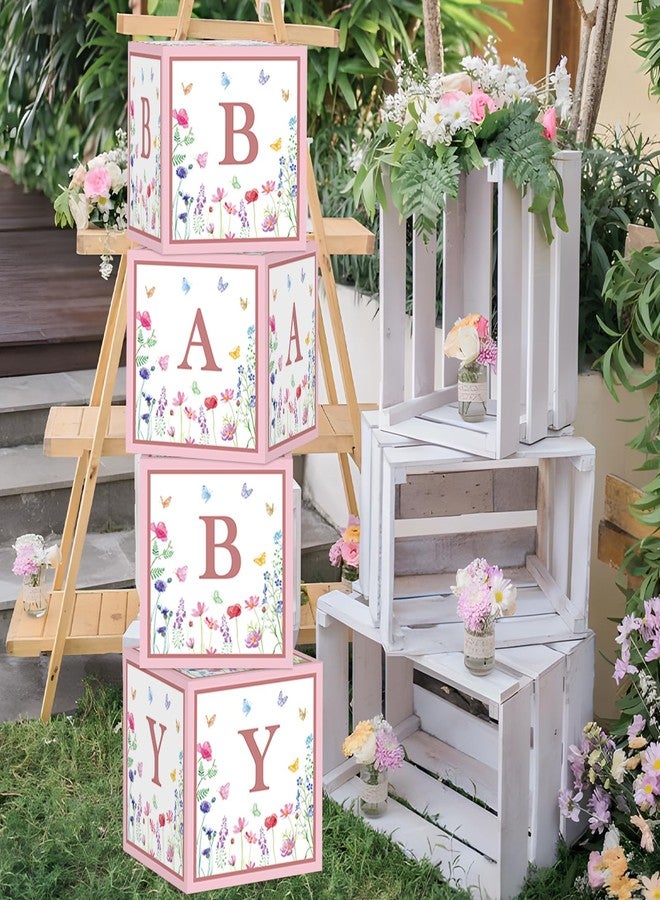 Teeloray Wildflower Baby Decorations for Girl - Floral Baby Boxes with Letters, 4pcs Balloon Boxes, Blocks for Gender Reveal, Birthday Party Backdrop, Centerpieces - Pink - Image 1